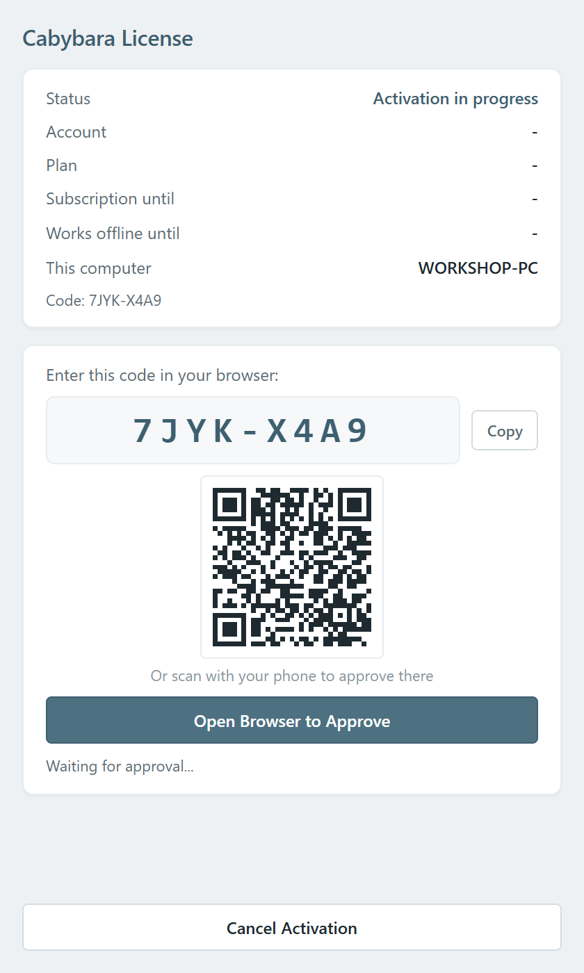 نافذة الترخيص تعرض الرمز ورمز QR وزر Open Browser to Approve