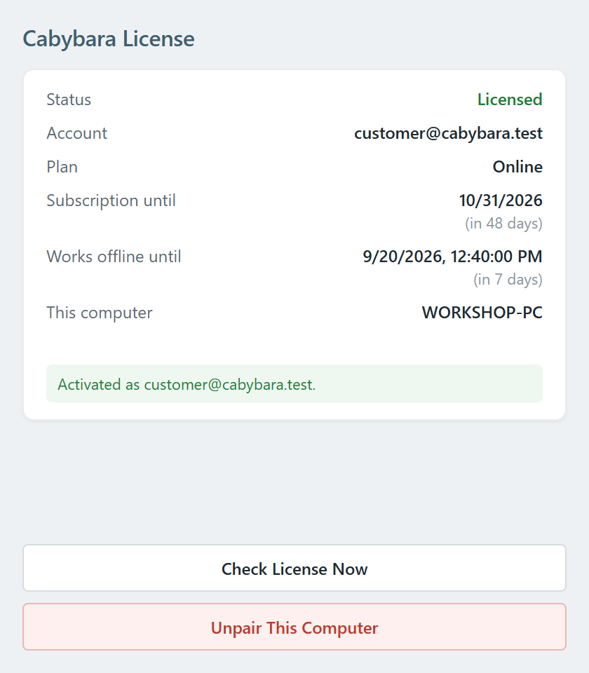 نافذة الترخيص بعد الموافقة، والحالة Licensed