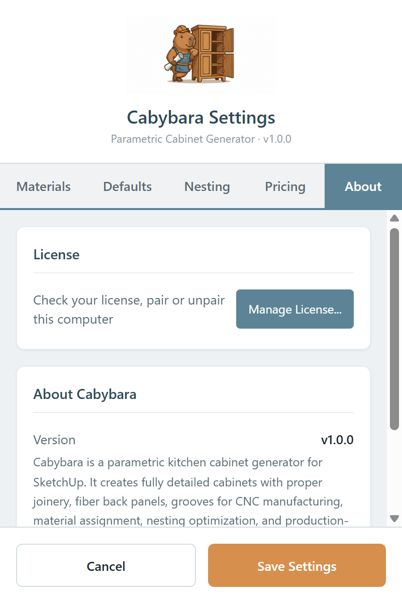 نافذة Settings، تبويب About، مع زر Manage License