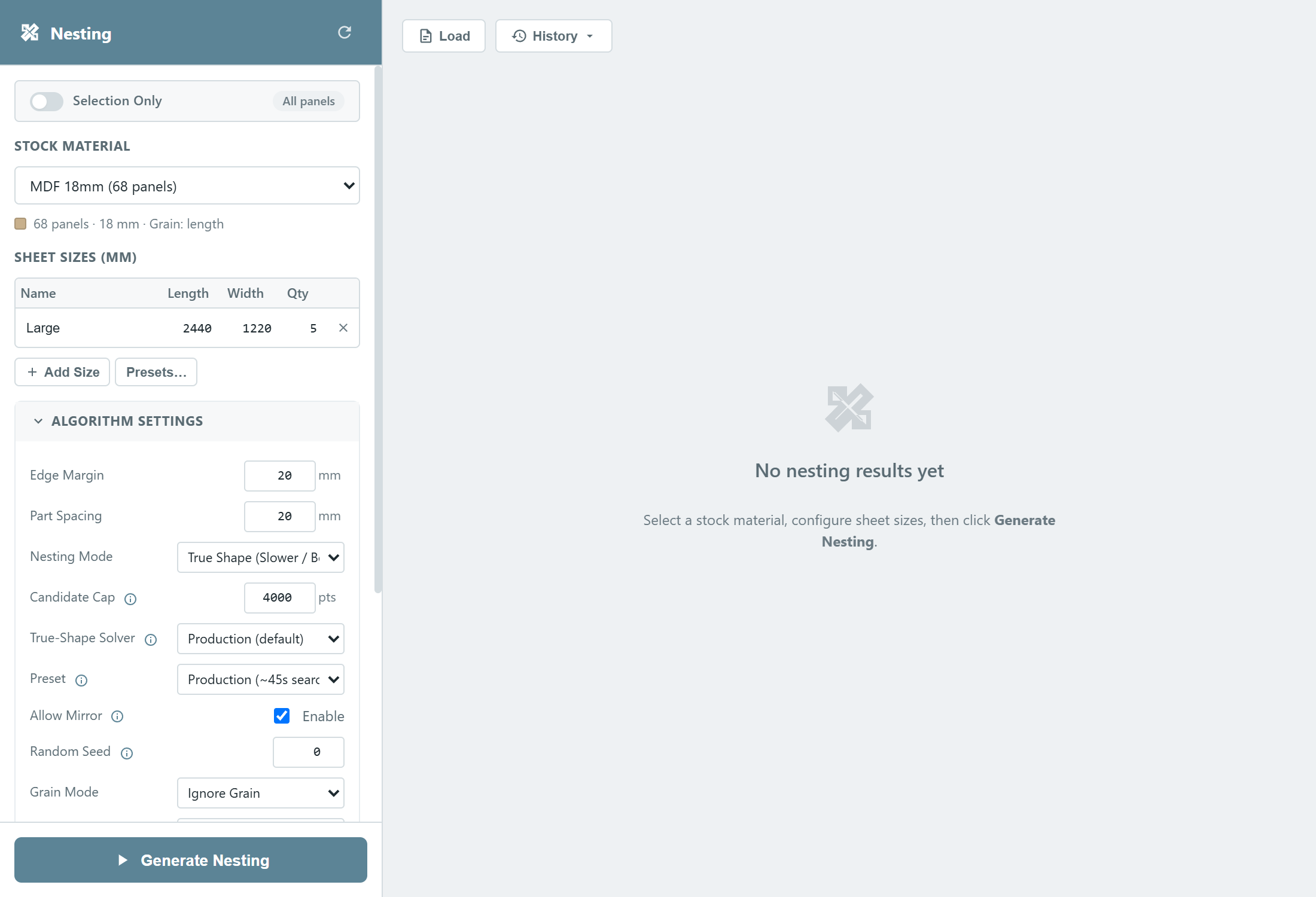 نافذة Nesting قبل التشغيل الأول، بصف Large وحده وIgnore Grain